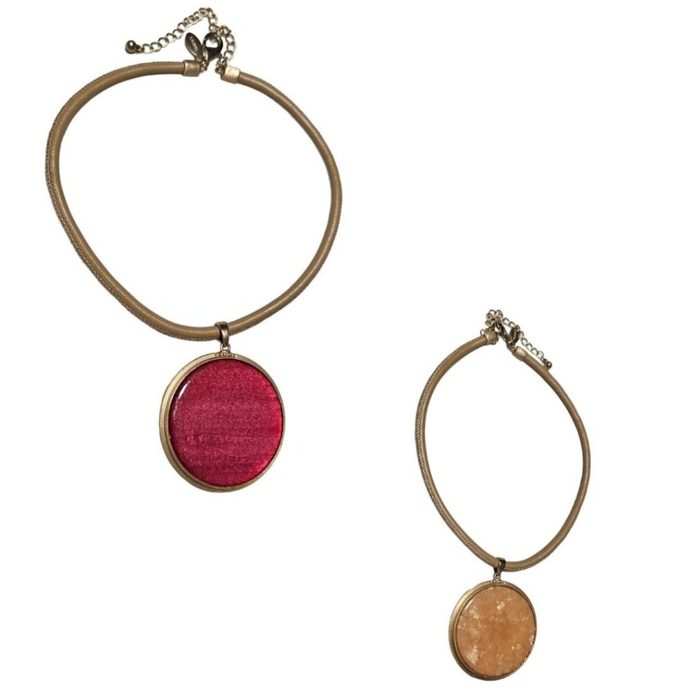 Chicos Reversible Druzy Large Pendant Necklace Peach Red Gold Tone Statement